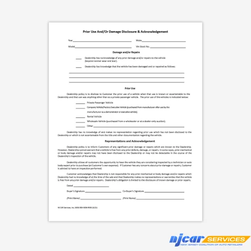 Prior Use And/Or Damage Disclosure & Acknowledgement