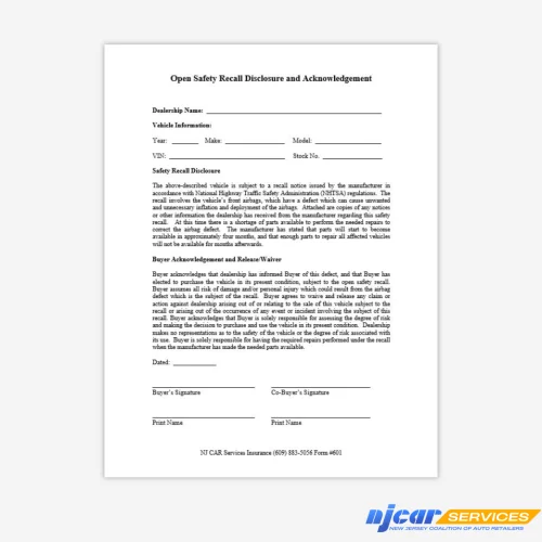 Open Safety Recall Disclosure and Acknowledgement