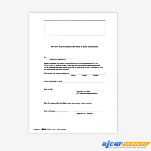 Dealer's Representation of Title & Lien Satisfaction
